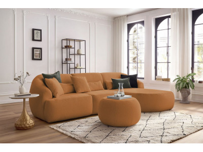 Canapé d'angle fixe ALESIA tissu bouclette avec pouf