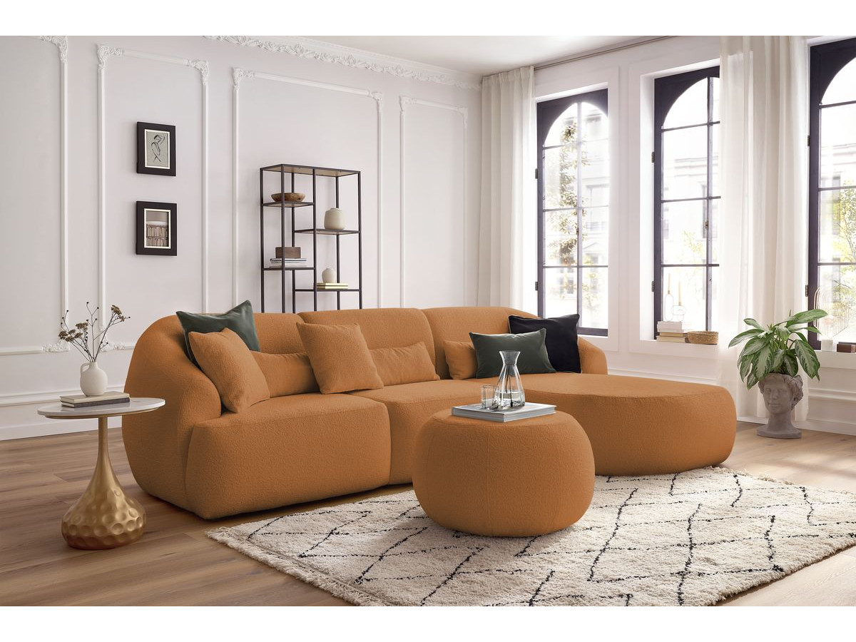 Canapé d'angle fixe ALESIA tissu bouclette avec pouf