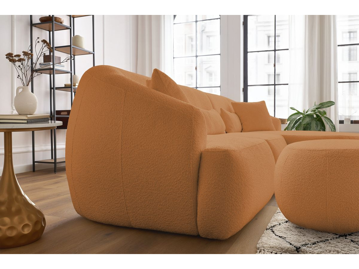 Canapé d'angle fixe ALESIA tissu bouclette avec pouf