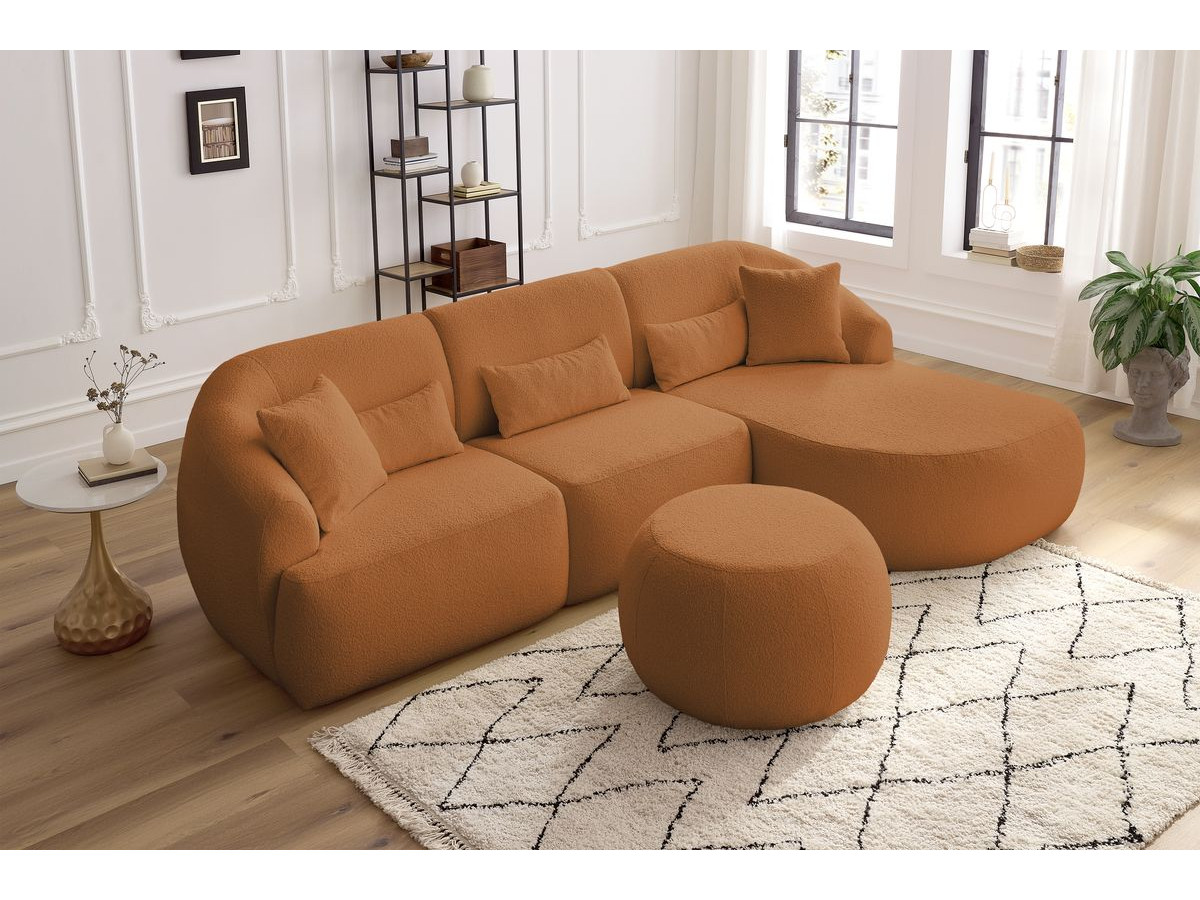 Canapé d'angle fixe ALESIA tissu bouclette avec pouf