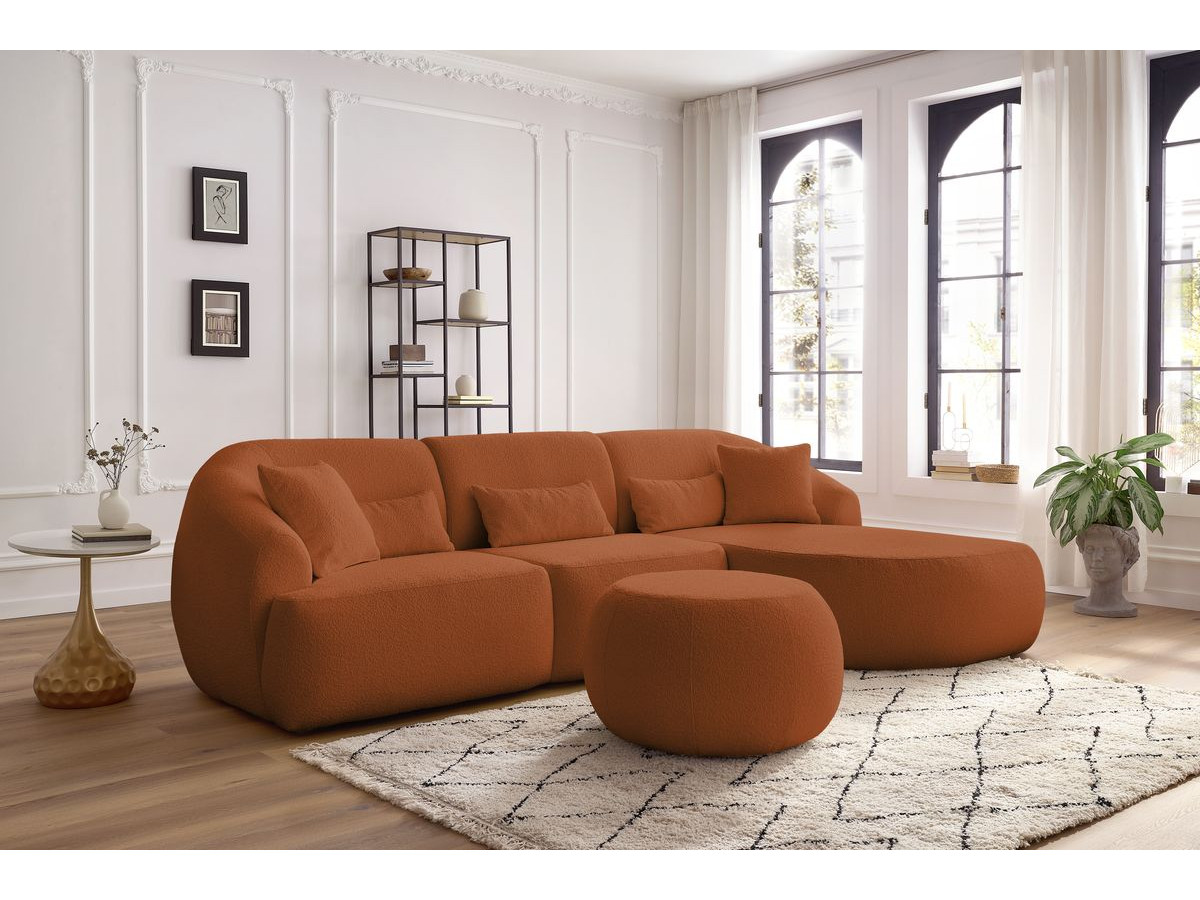 Canapé d'angle fixe ALESIA tissu bouclette avec pouf orange  angle droit BOBOCHIC 4 places - Vue supplémentaire 2