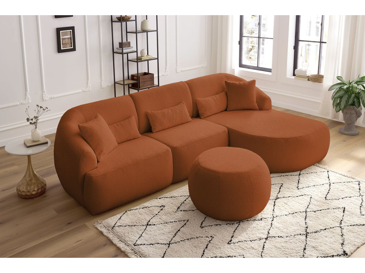 Canapé d'angle fixe ALESIA tissu bouclette avec pouf