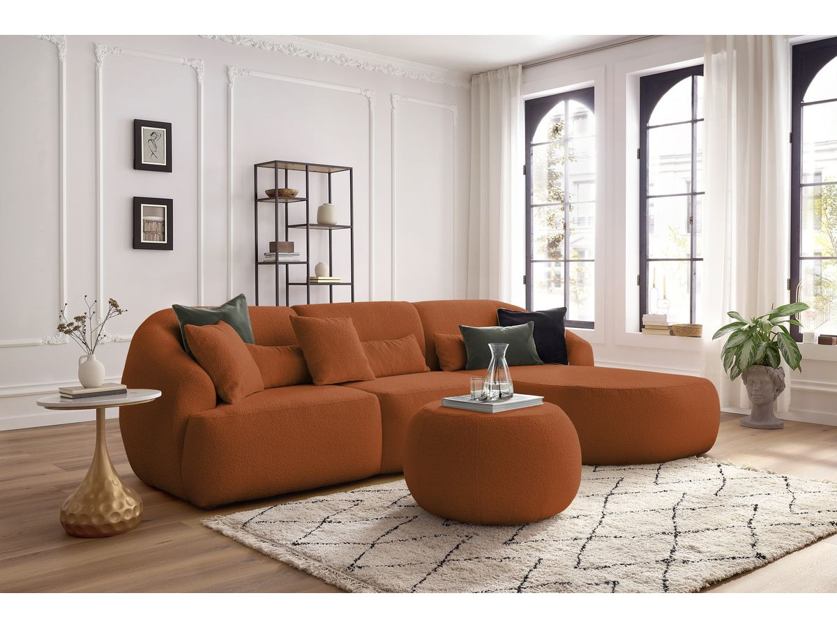 Canapé d'angle fixe ALESIA tissu bouclette avec pouf