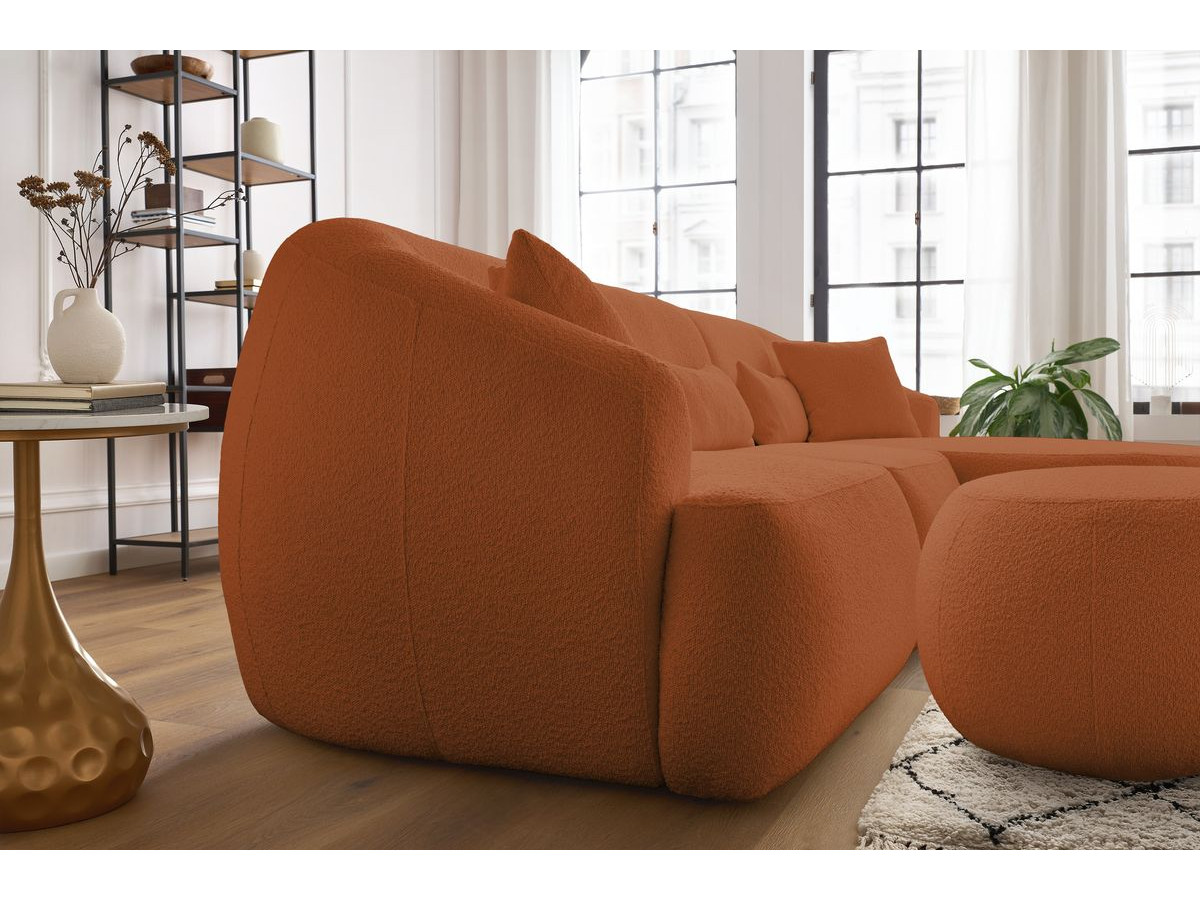 Canapé d'angle fixe ALESIA tissu bouclette avec pouf