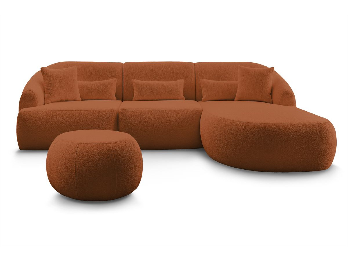 Canapé d'angle fixe ALESIA tissu bouclette avec pouf