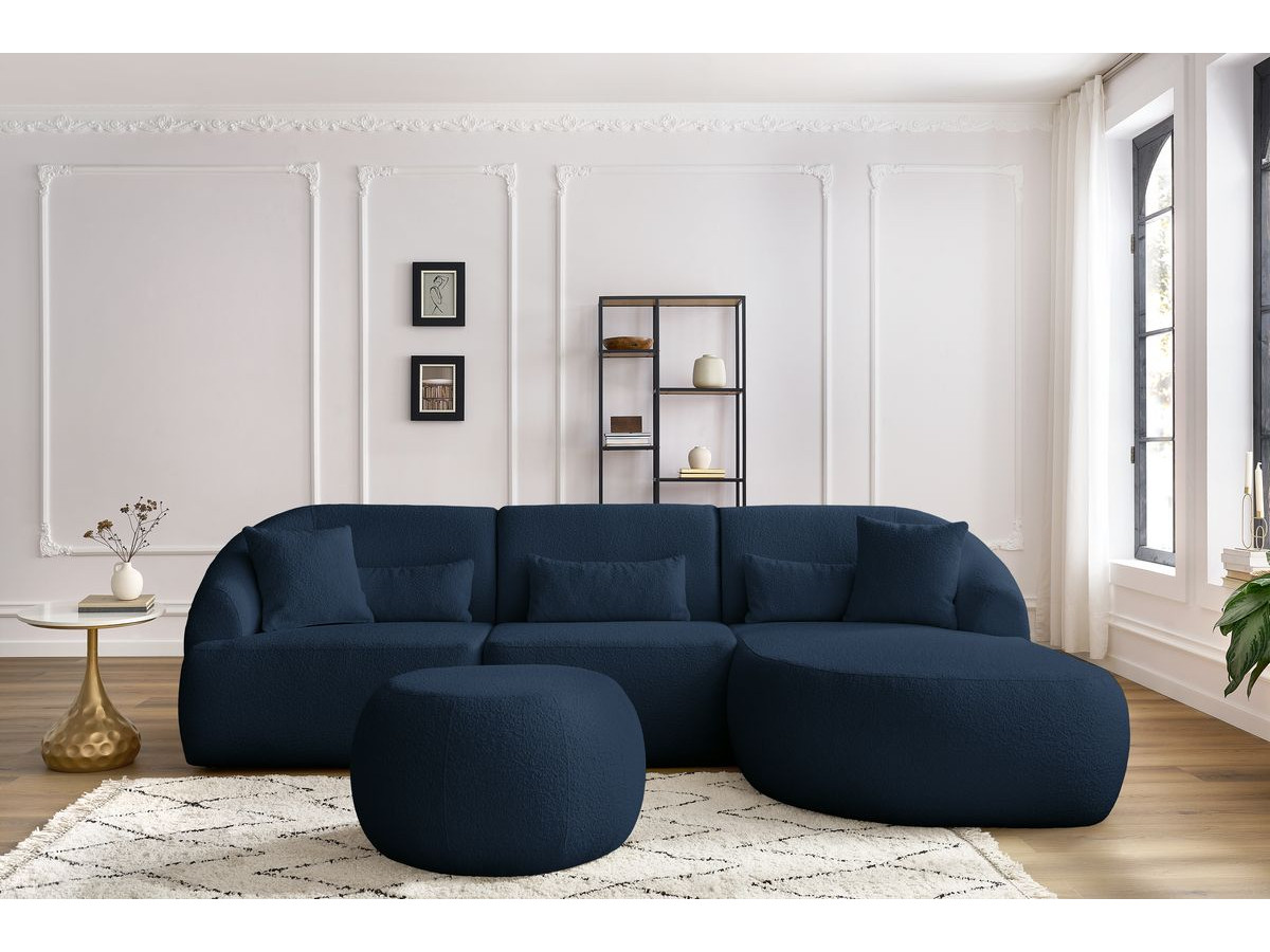 Canapé d'angle fixe ALESIA tissu bouclette avec pouf bleu foncé  angle droit BOBOCHIC 4 places - Vue supplémentaire 3
