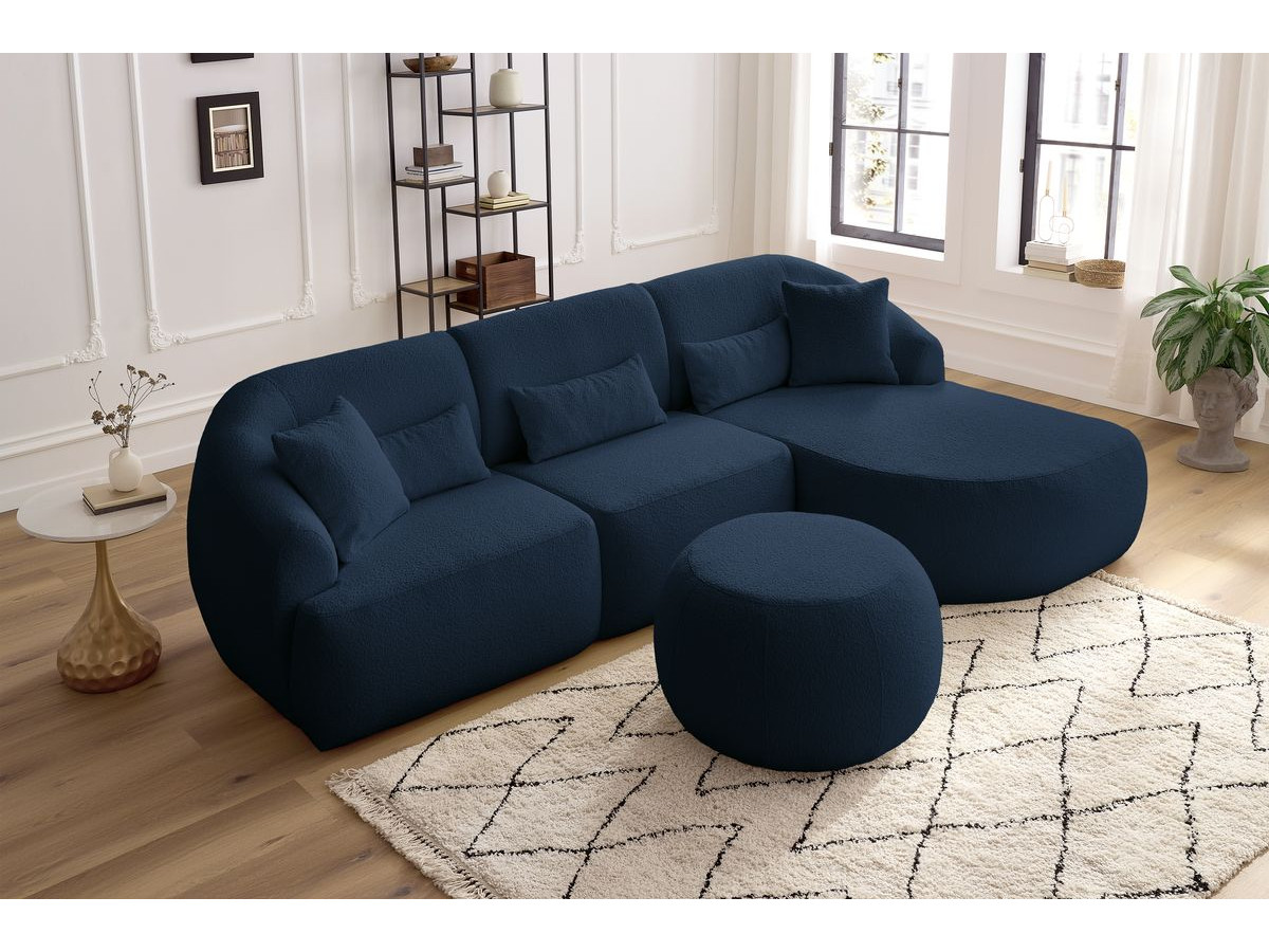 Canapé d'angle fixe ALESIA tissu bouclette avec pouf