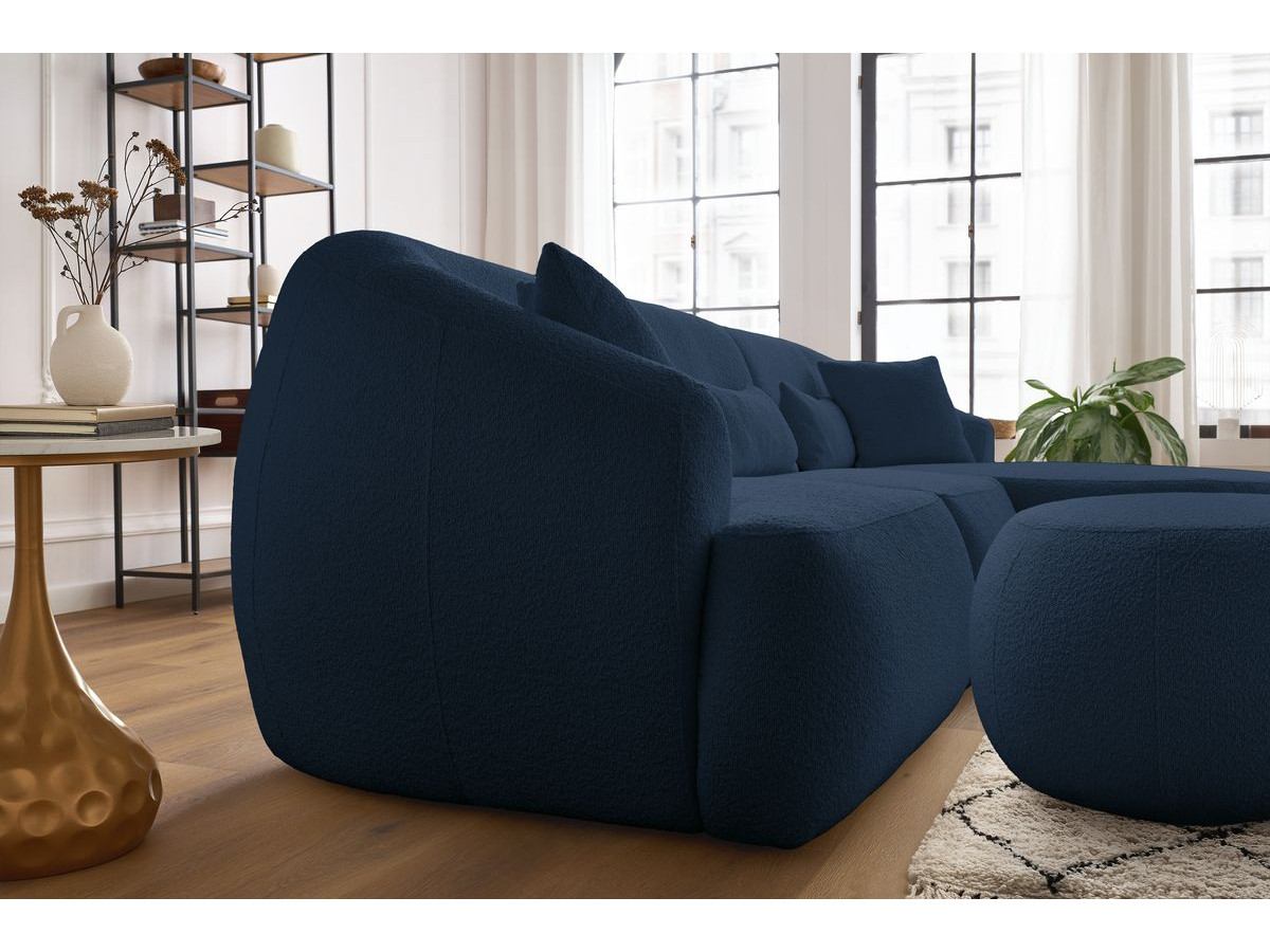 Canapé d'angle fixe ALESIA tissu bouclette avec pouf