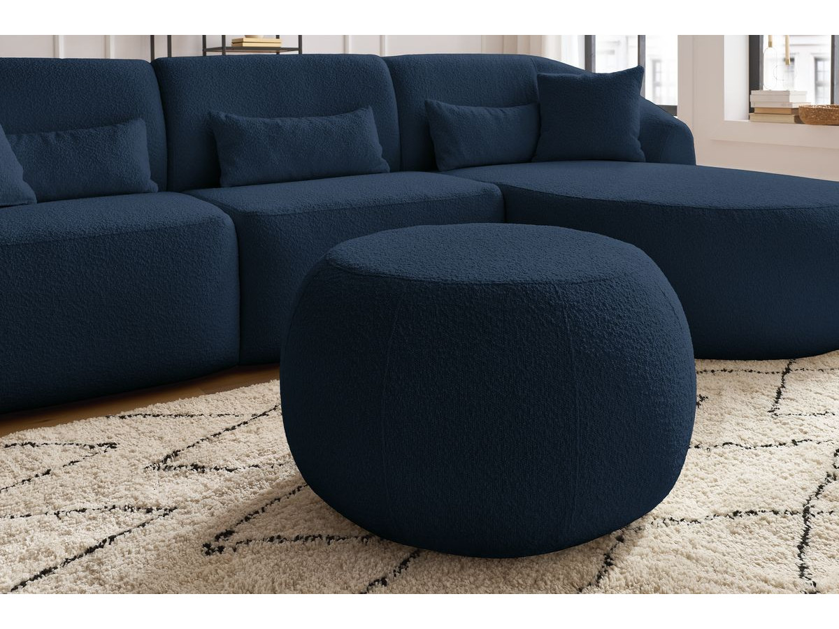 Canapé d'angle fixe ALESIA tissu bouclette avec pouf
