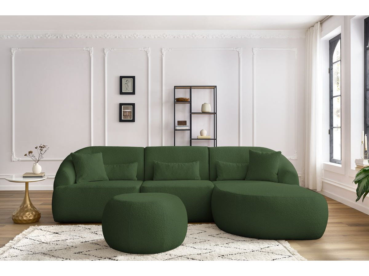 Canapé d'angle fixe ALESIA tissu bouclette avec pouf vert  angle droit BOBOCHIC 4 places - Vue supplémentaire 3
