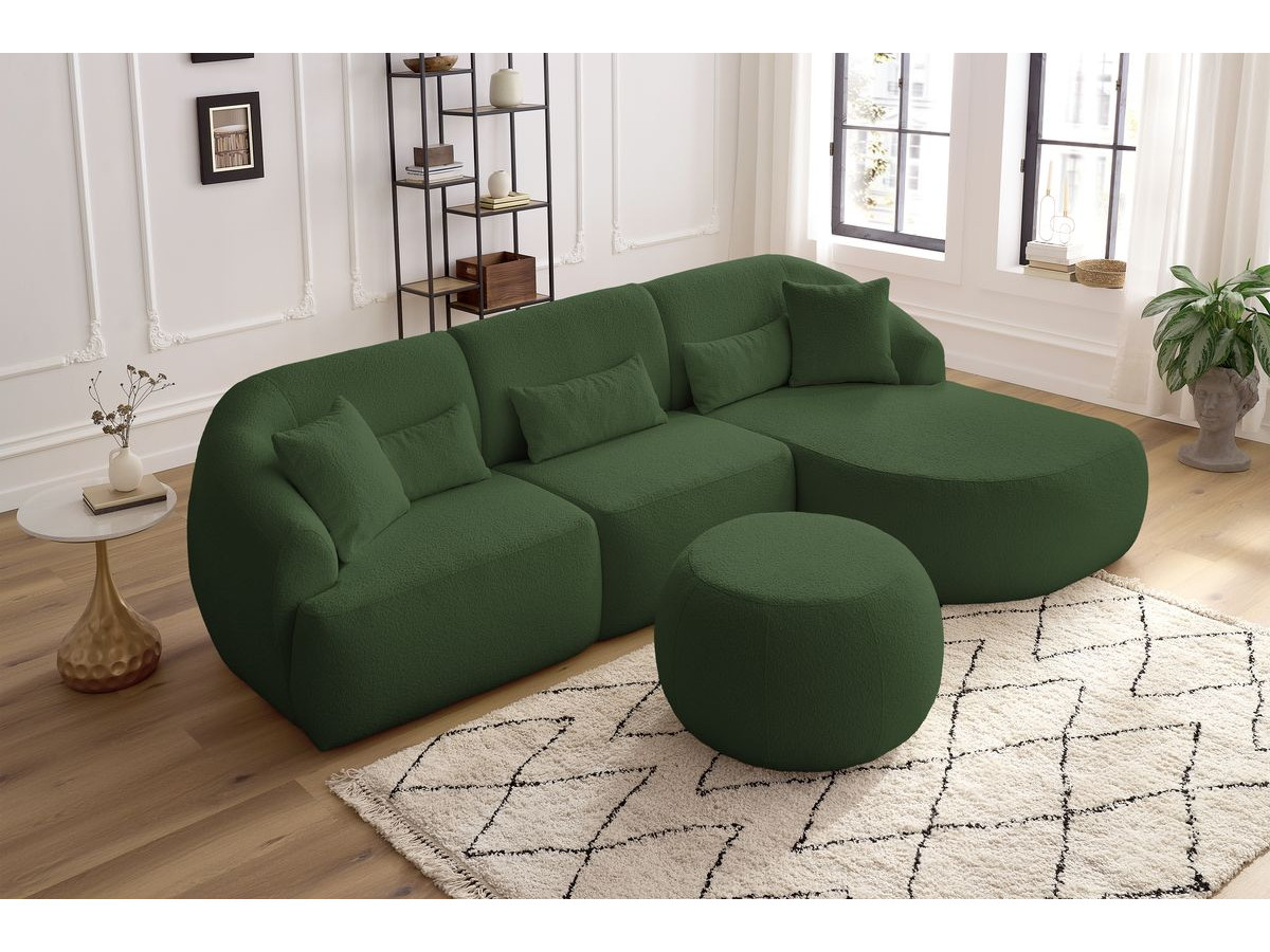 Canapé d'angle fixe ALESIA tissu bouclette avec pouf