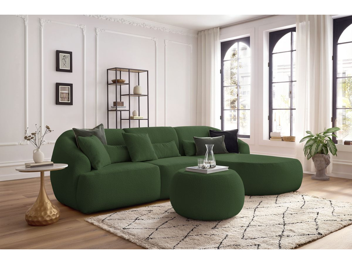 Canapé d'angle fixe ALESIA tissu bouclette avec pouf