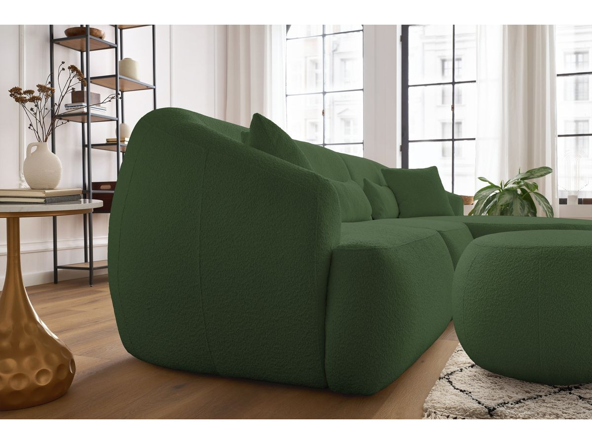 Canapé d'angle fixe ALESIA tissu bouclette avec pouf