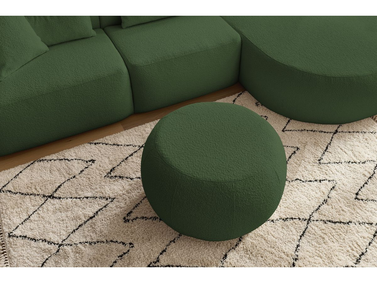 Canapé d'angle fixe ALESIA tissu bouclette avec pouf