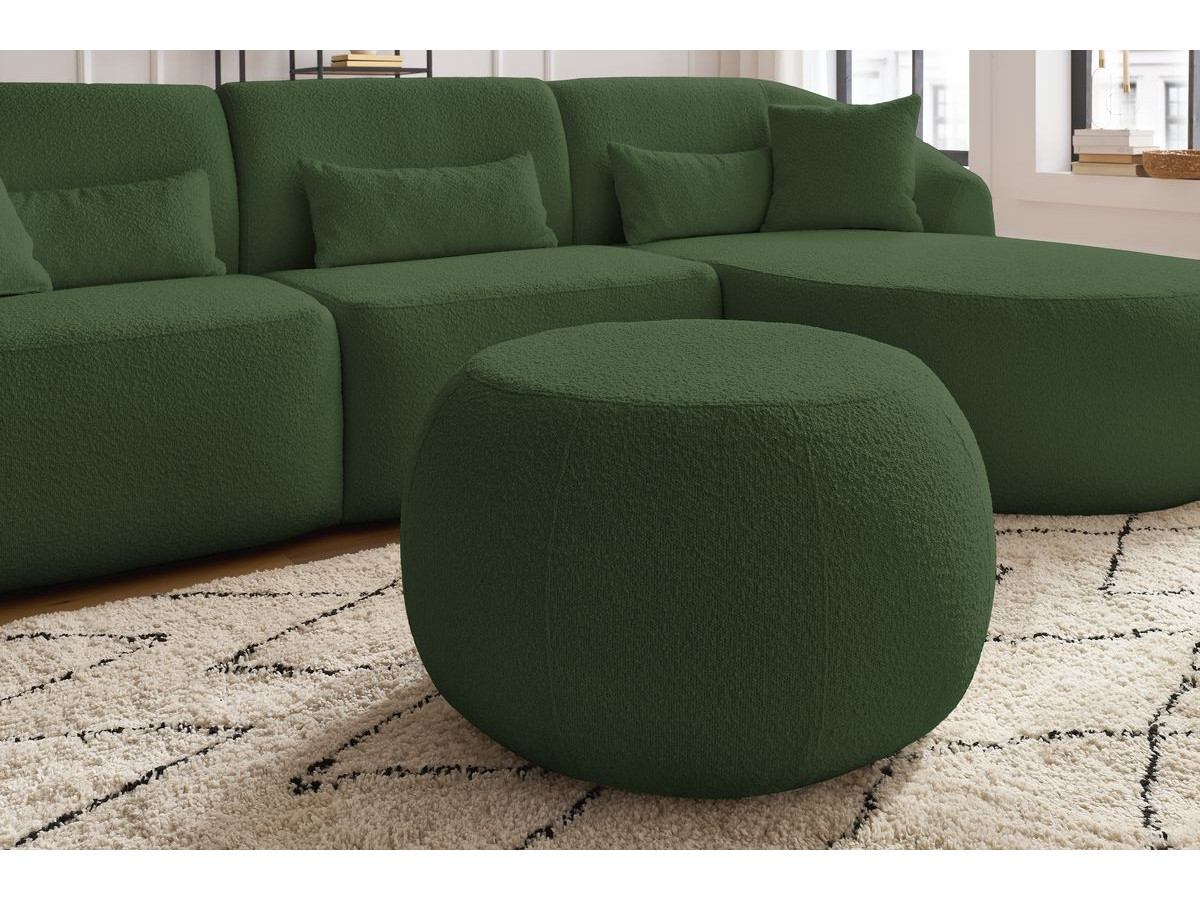 Canapé d'angle fixe ALESIA tissu bouclette avec pouf