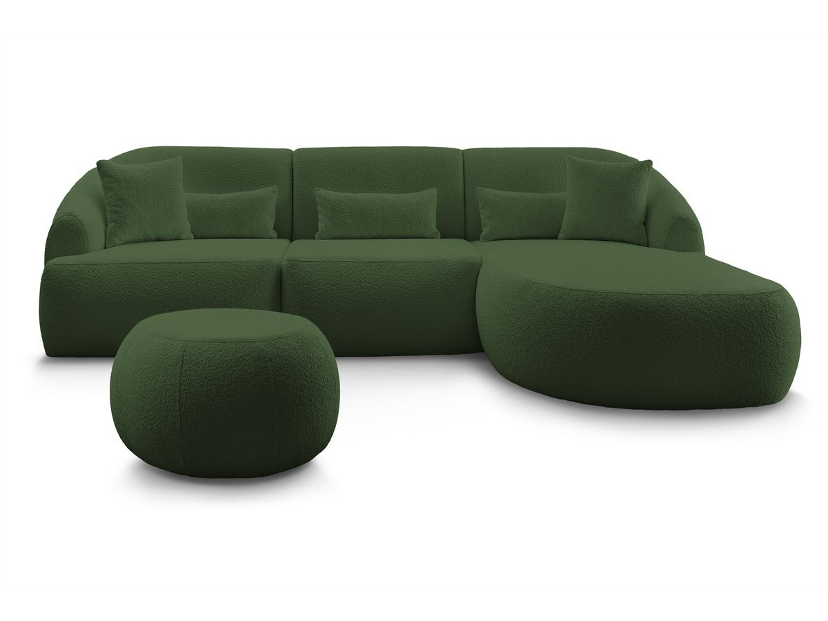 Canapé d'angle fixe ALESIA tissu bouclette avec pouf