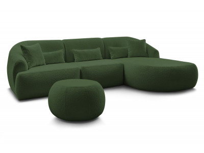 Canapé d'angle fixe ALESIA tissu bouclette avec pouf