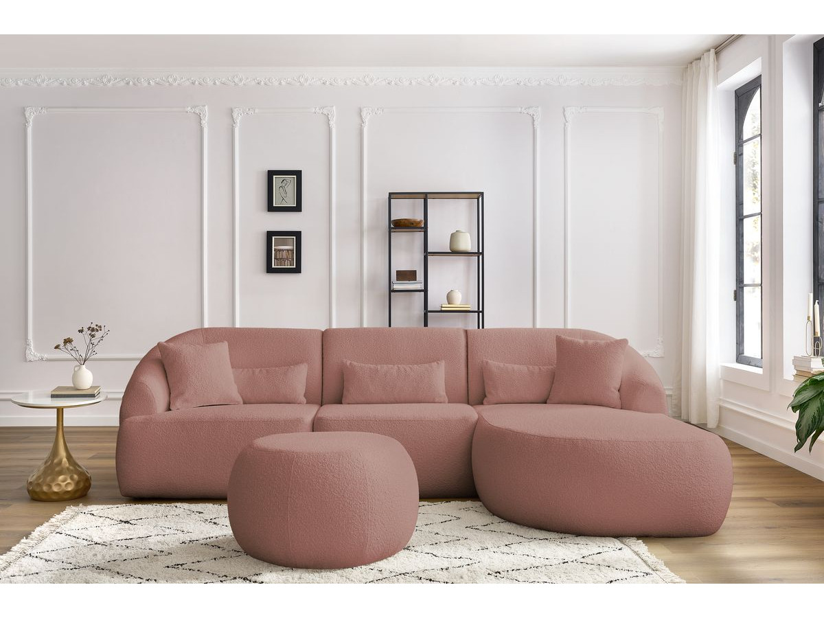 Canapé d'angle fixe ALESIA tissu bouclette avec pouf rose  angle droit BOBOCHIC 4 places - Vue supplémentaire 3