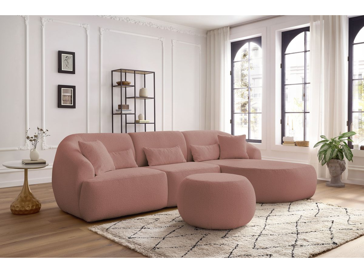 Canapé d'angle fixe ALESIA tissu bouclette avec pouf rose  angle droit BOBOCHIC 4 places - Vue supplémentaire 2