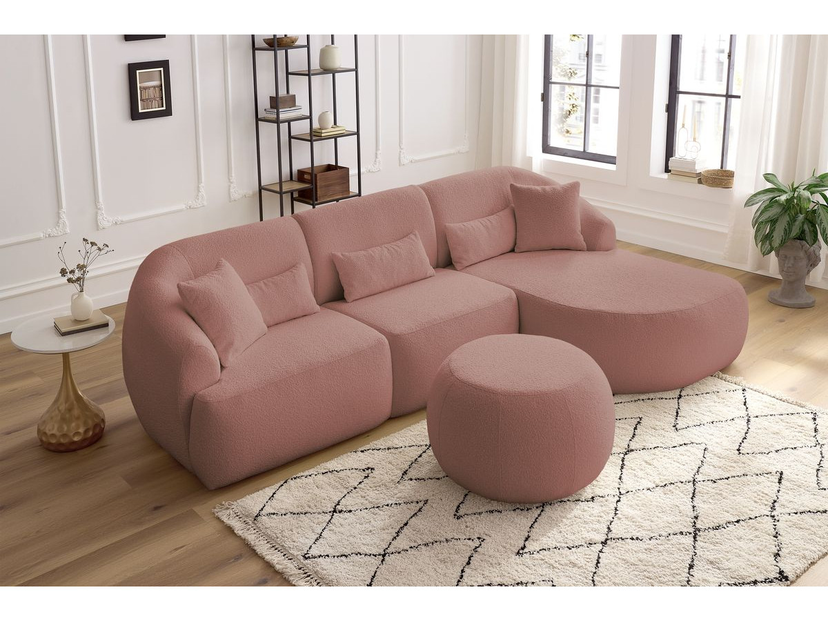 Canapé d'angle fixe ALESIA tissu bouclette avec pouf