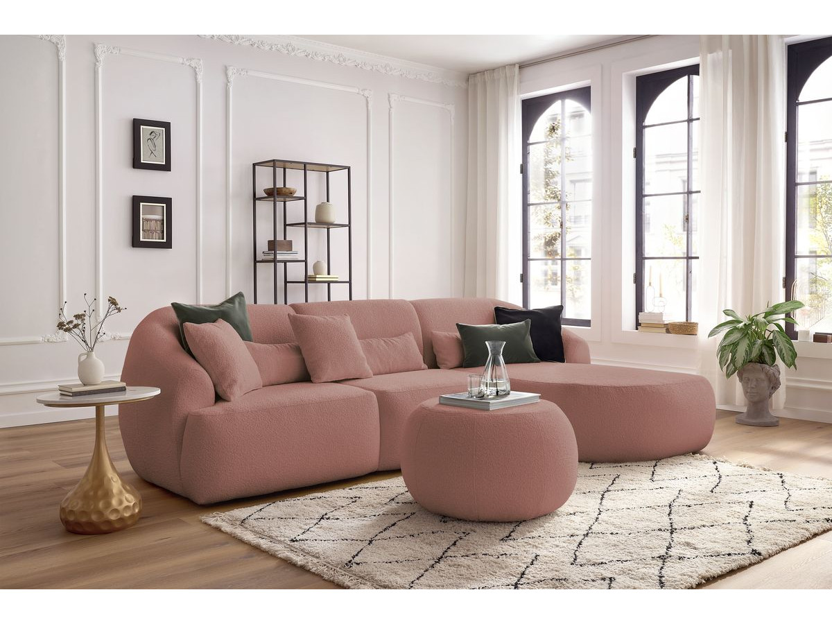 Canapé d'angle fixe ALESIA tissu bouclette avec pouf