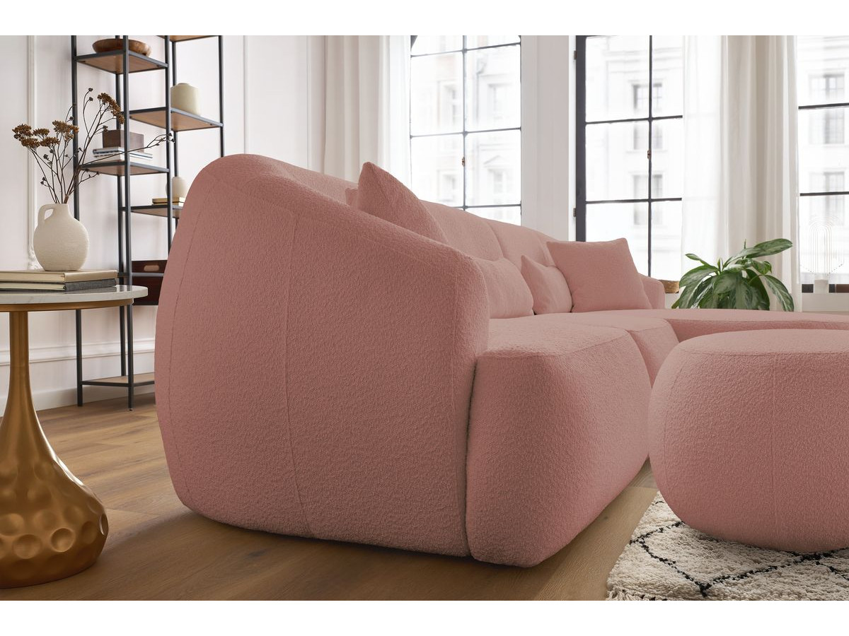 Canapé d'angle fixe ALESIA tissu bouclette avec pouf