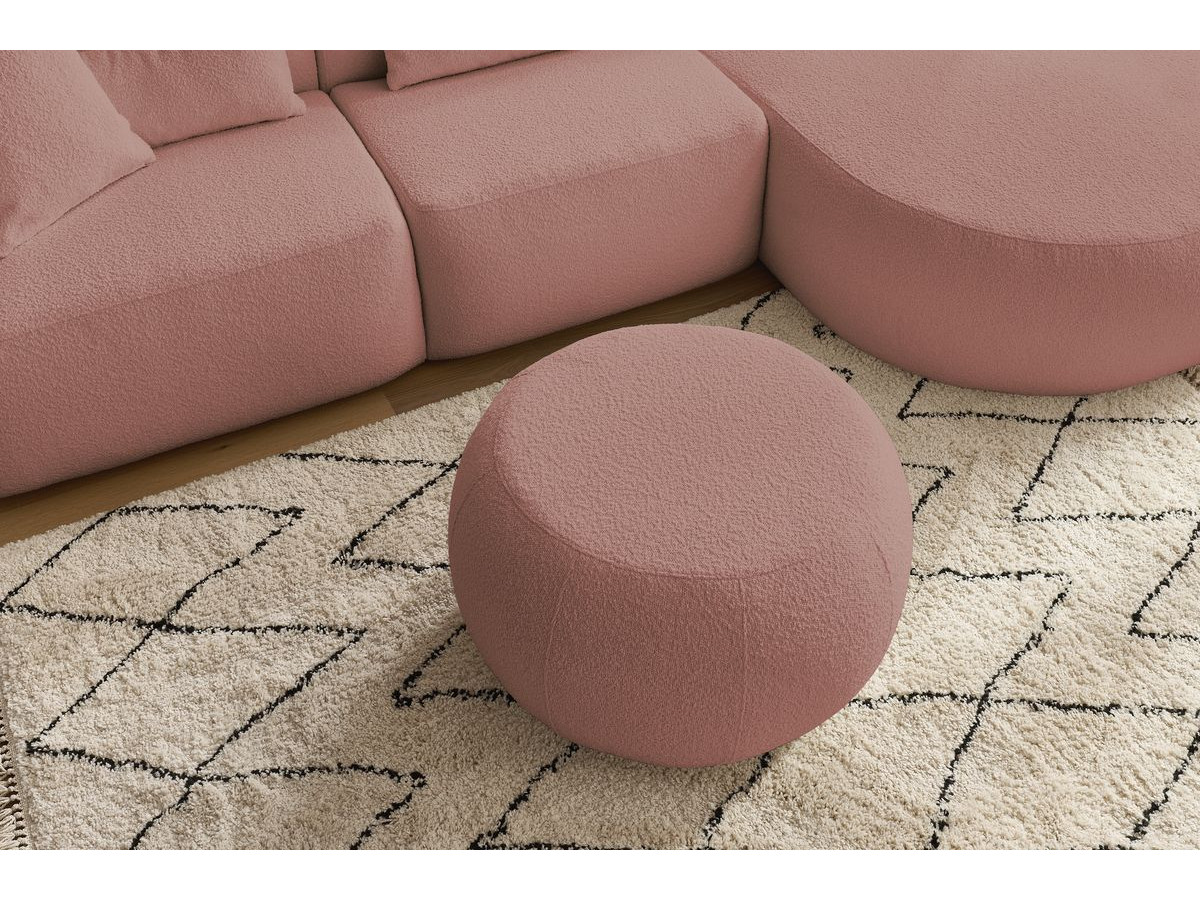Canapé d'angle fixe ALESIA tissu bouclette avec pouf