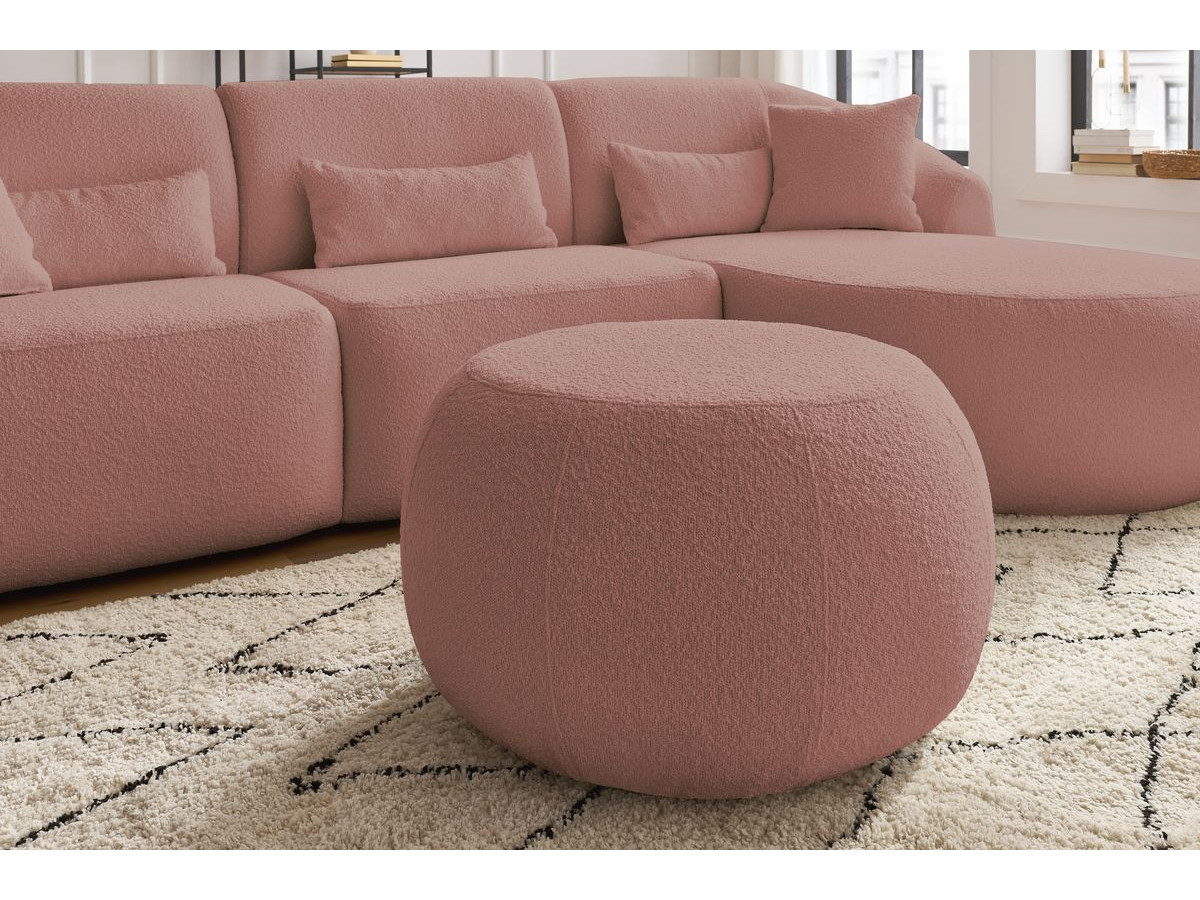 Canapé d'angle fixe ALESIA tissu bouclette avec pouf