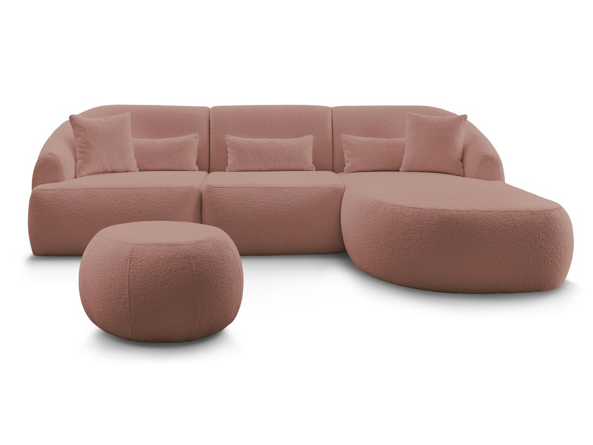 Canapé d'angle fixe ALESIA tissu bouclette avec pouf