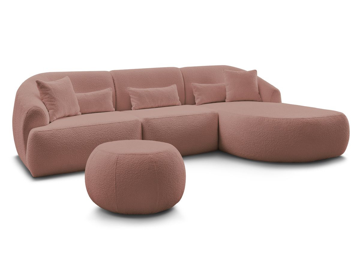 Canapé d'angle fixe ALESIA tissu bouclette avec pouf