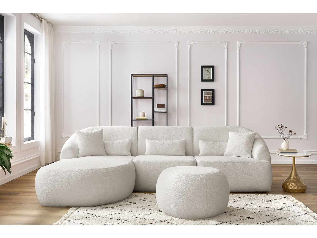 Canapé d'angle fixe ALESIA tissu bouclette avec pouf blanc  angle gauche BOBOCHIC 4 places - Vue supplémentaire 3