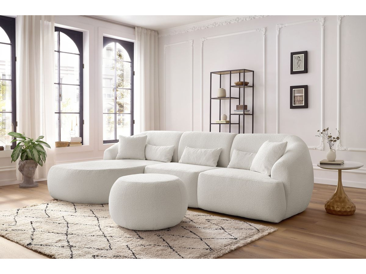 Canapé d'angle fixe ALESIA tissu bouclette avec pouf blanc  angle gauche BOBOCHIC 4 places - Vue supplémentaire 2