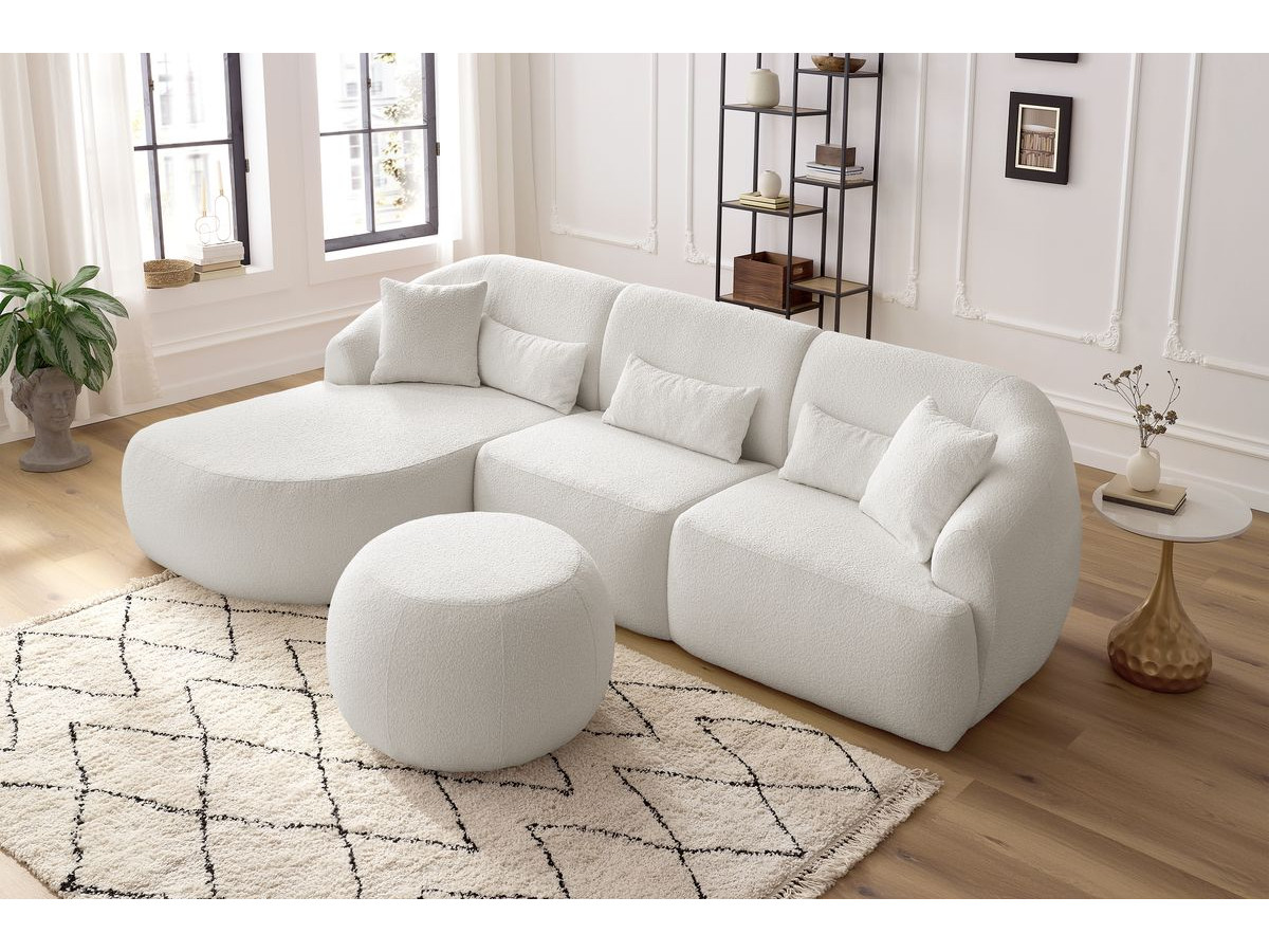 Canapé d'angle fixe ALESIA tissu bouclette avec pouf