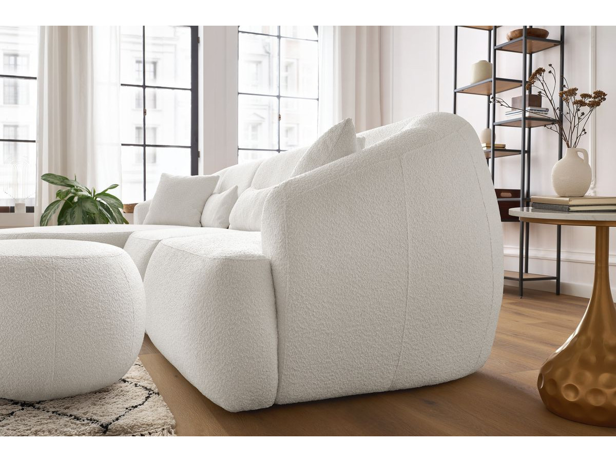 Canapé d'angle fixe ALESIA tissu bouclette avec pouf