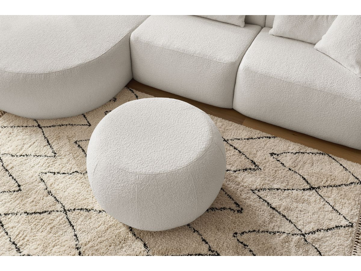 Canapé d'angle fixe ALESIA tissu bouclette avec pouf