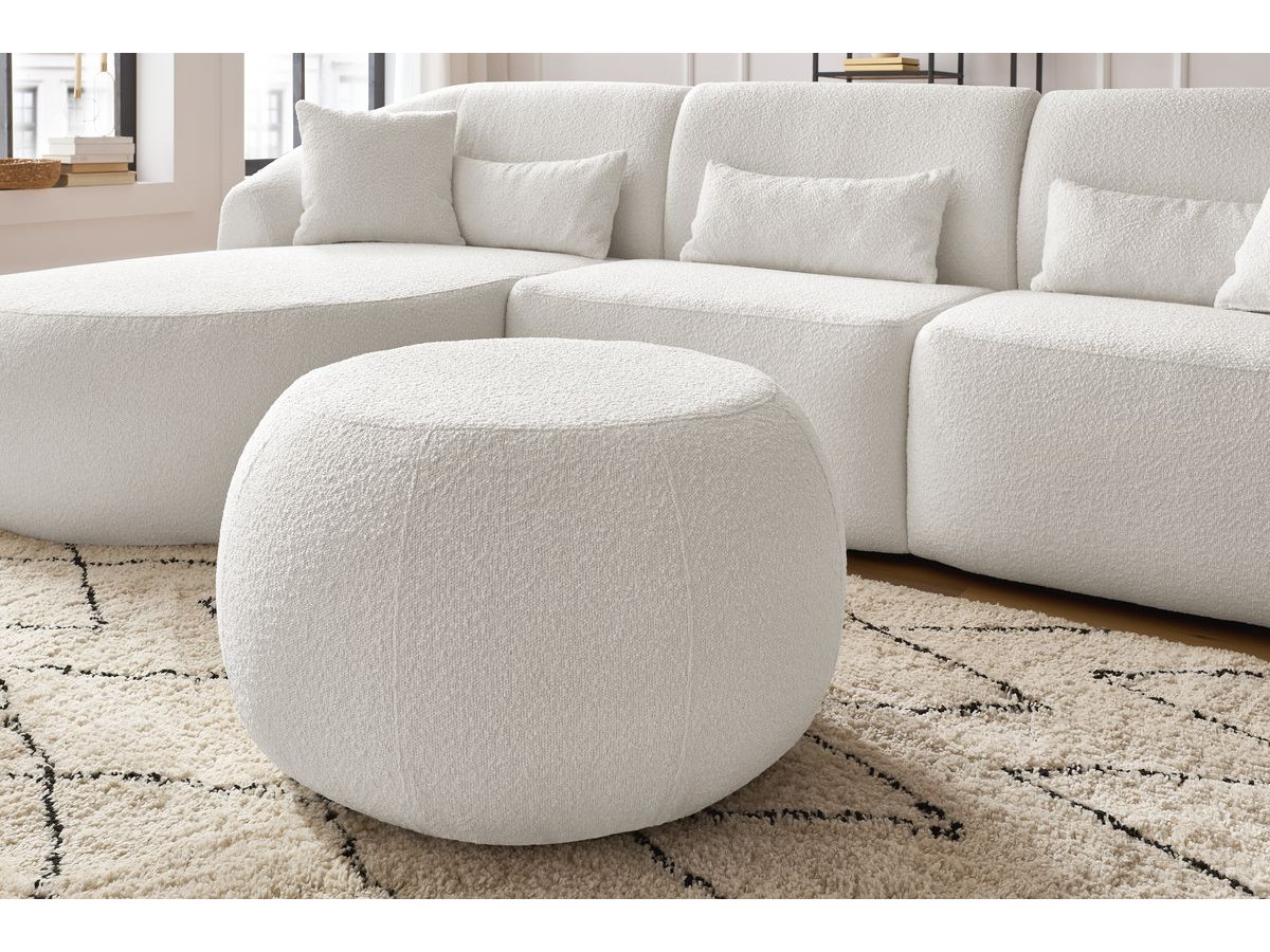 Canapé d'angle fixe ALESIA tissu bouclette avec pouf