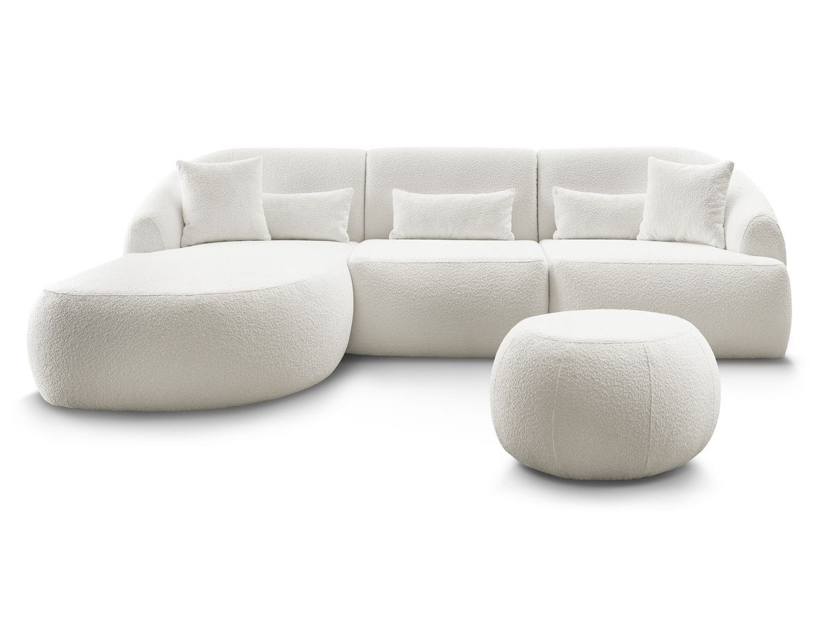 Canapé d'angle fixe ALESIA tissu bouclette avec pouf