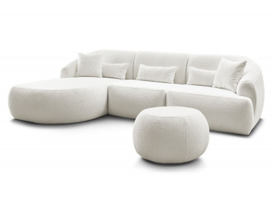 Canapé d'angle fixe ALESIA tissu bouclette avec pouf