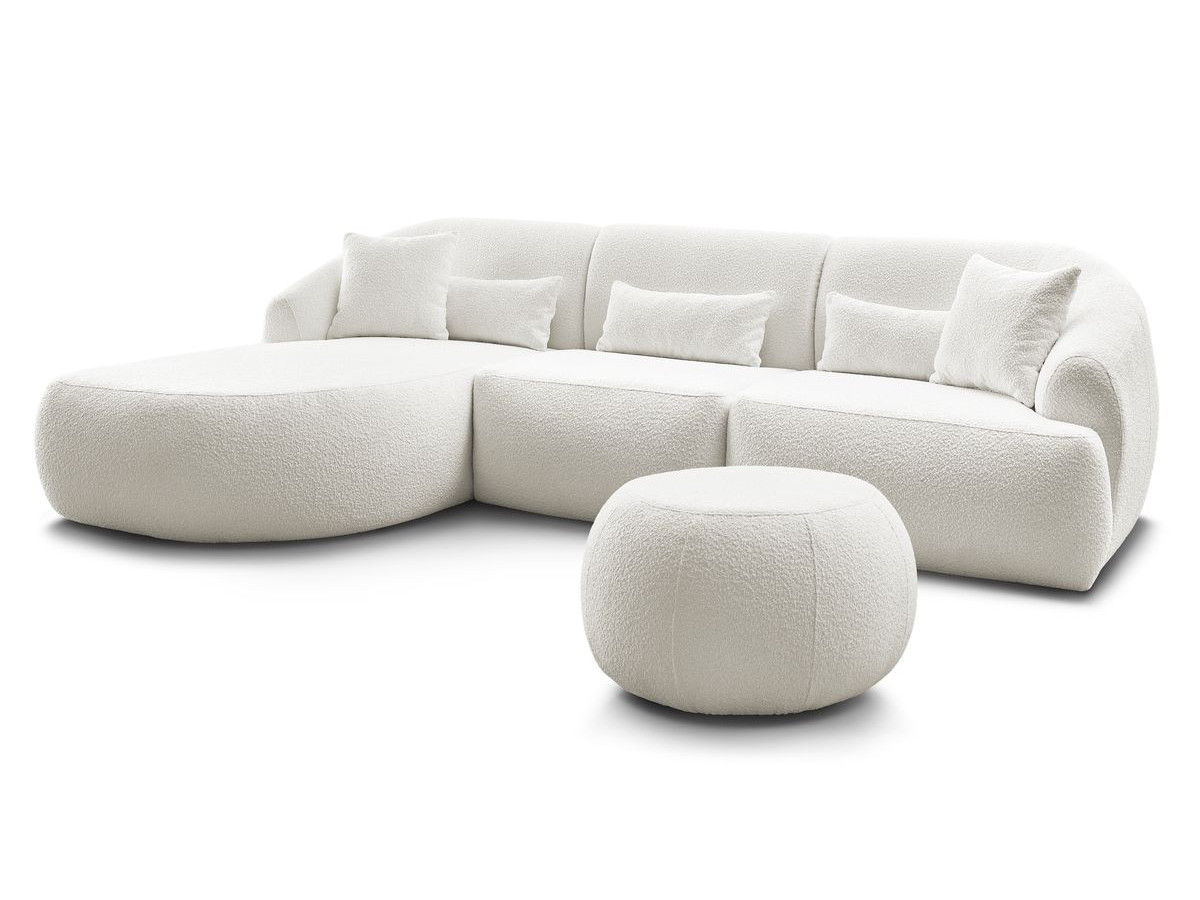Canapé d'angle fixe ALESIA tissu bouclette avec pouf