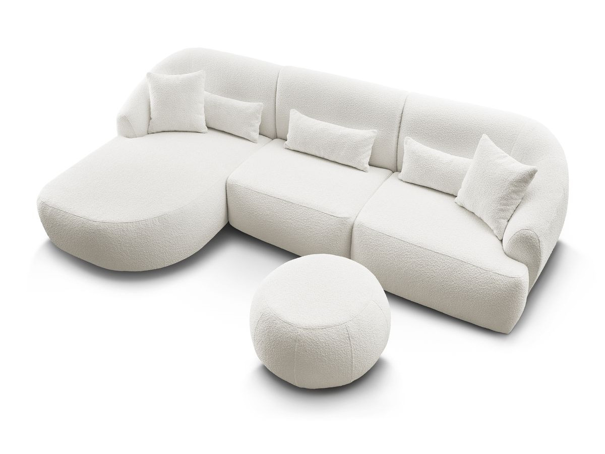 Canapé d'angle fixe ALESIA tissu bouclette avec pouf