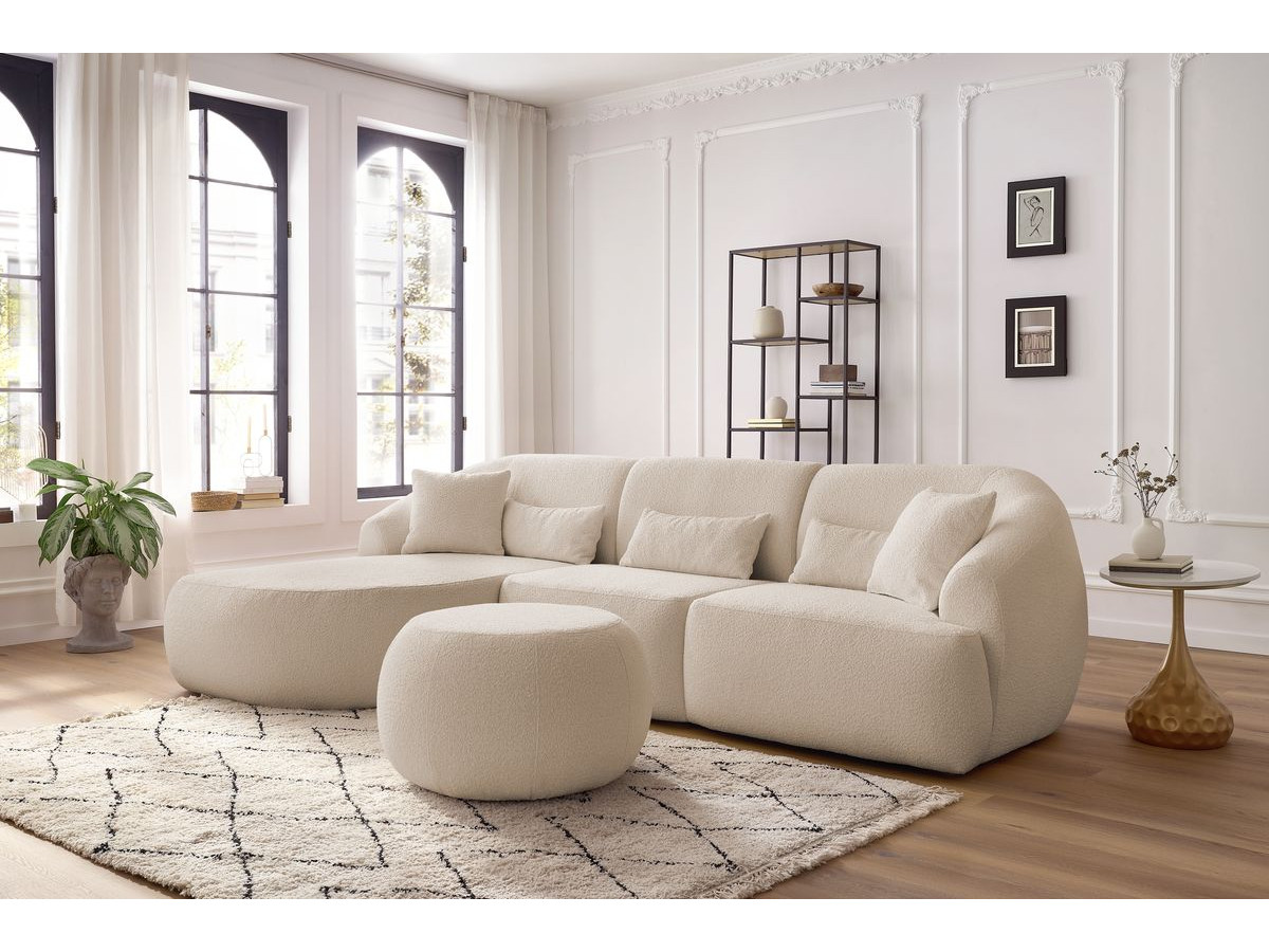 Canapé d'angle fixe ALESIA tissu bouclette avec pouf beige  angle gauche BOBOCHIC 4 places - Vue supplémentaire 2