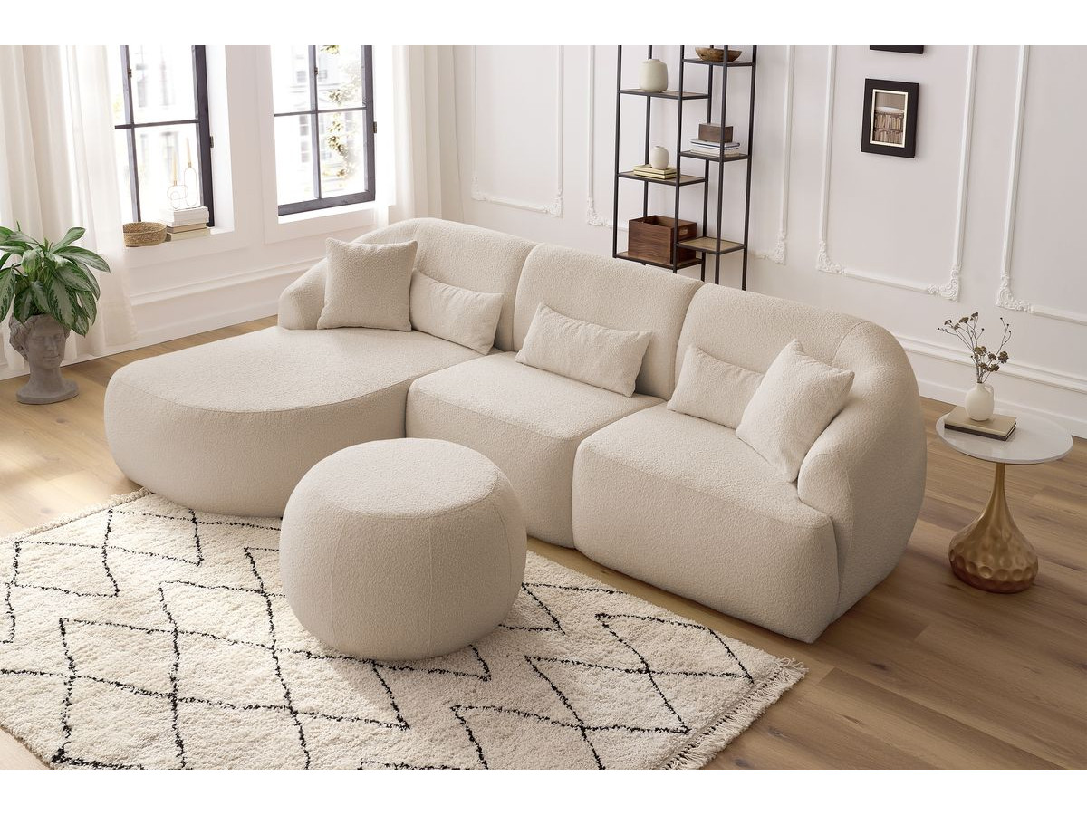 Canapé d'angle fixe ALESIA tissu bouclette avec pouf