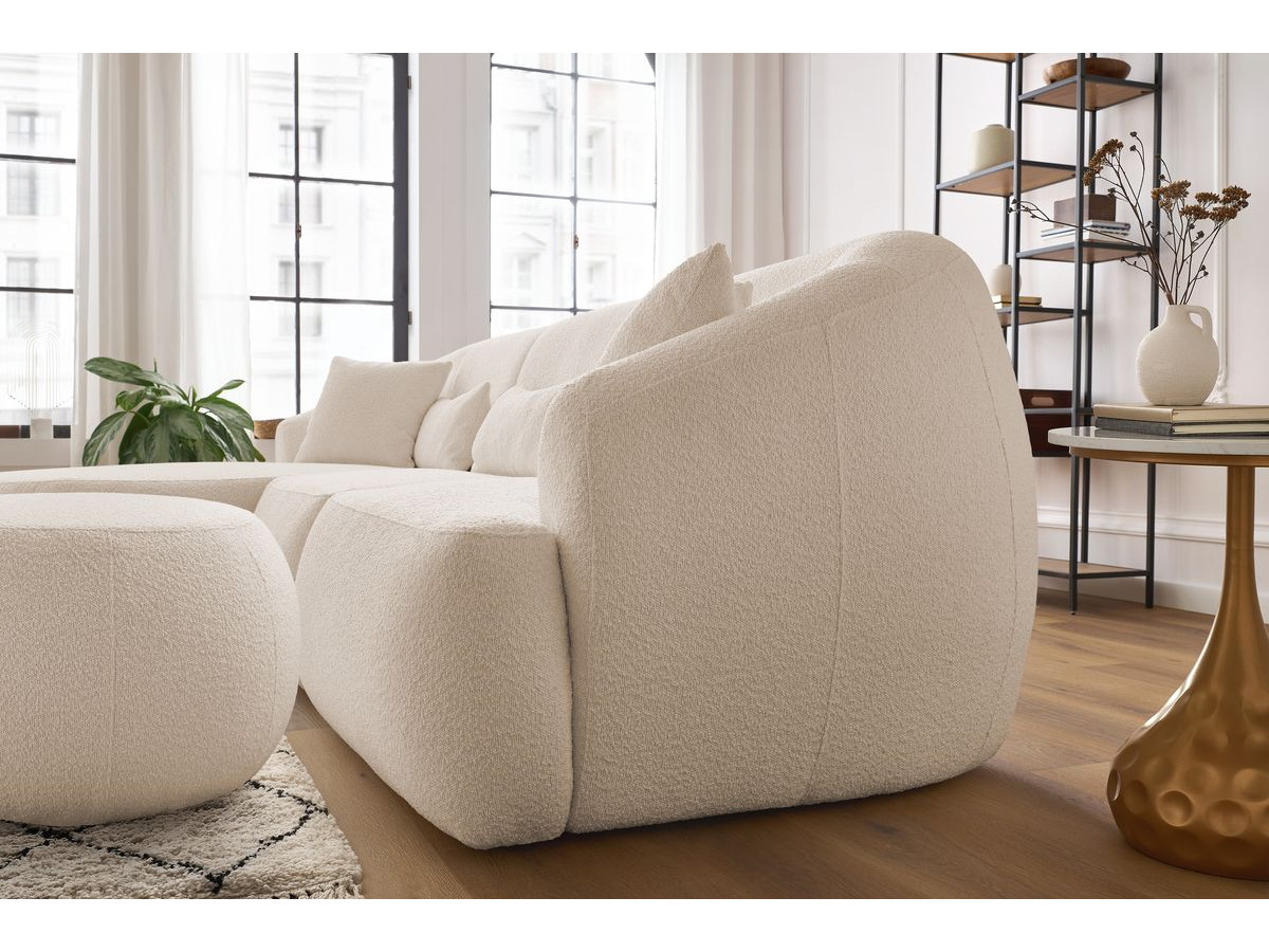 Canapé d'angle fixe ALESIA tissu bouclette avec pouf