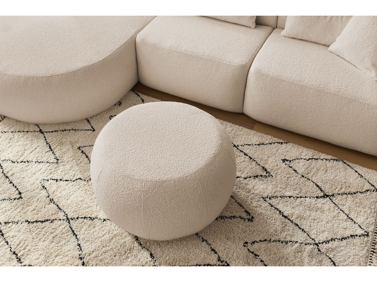 Canapé d'angle fixe ALESIA tissu bouclette avec pouf