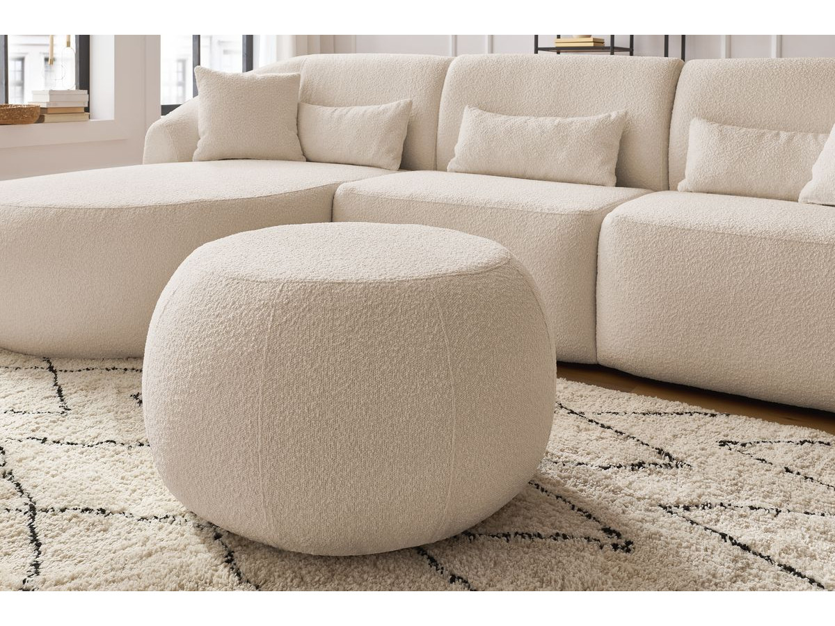Canapé d'angle fixe ALESIA tissu bouclette avec pouf