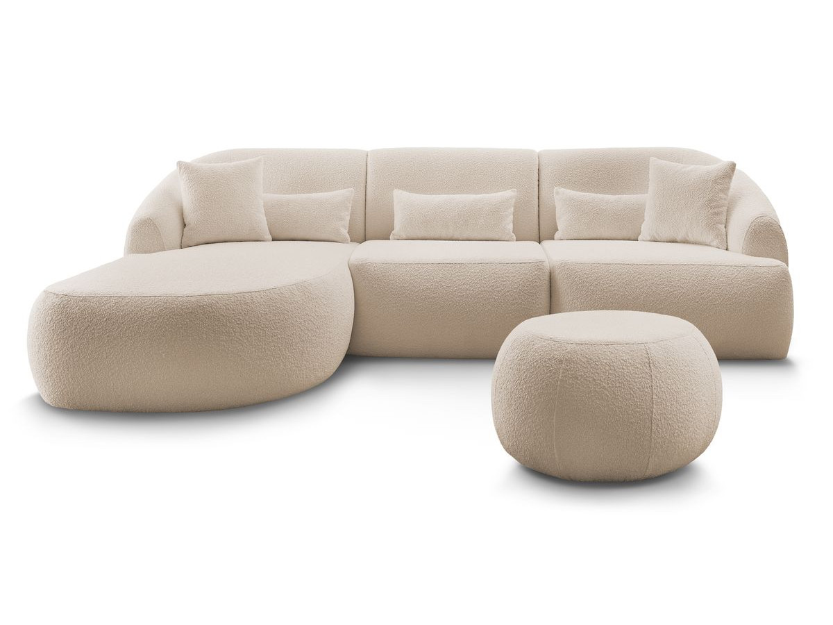 Canapé d'angle fixe ALESIA tissu bouclette avec pouf