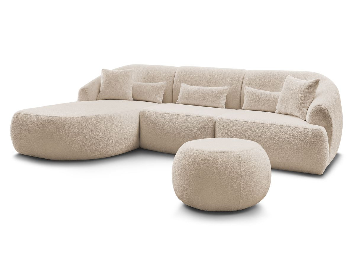 Canapé d'angle fixe ALESIA tissu bouclette avec pouf
