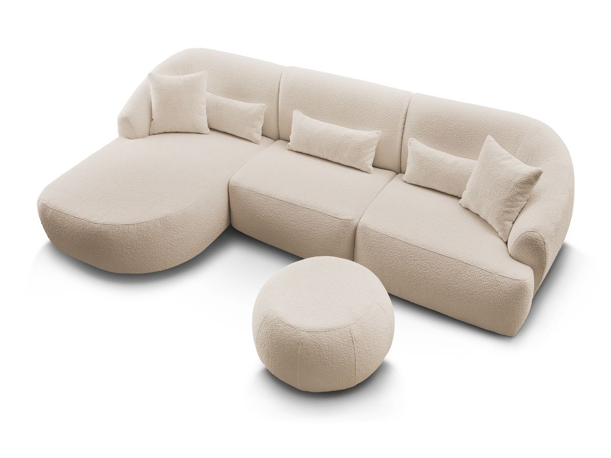 Canapé d'angle fixe ALESIA tissu bouclette avec pouf
