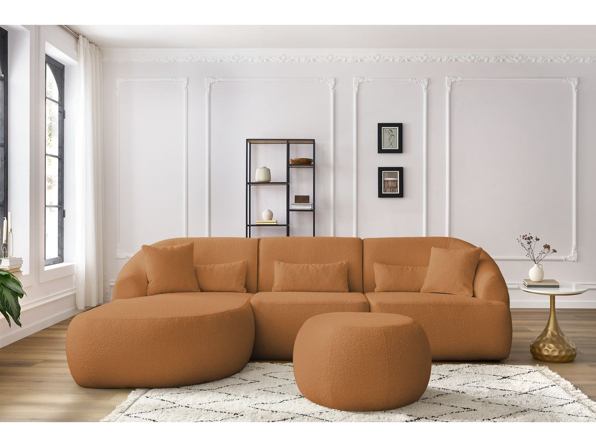 Canapé d'angle fixe ALESIA tissu bouclette avec pouf jaune  angle gauche BOBOCHIC 4 places - Vue supplémentaire 3