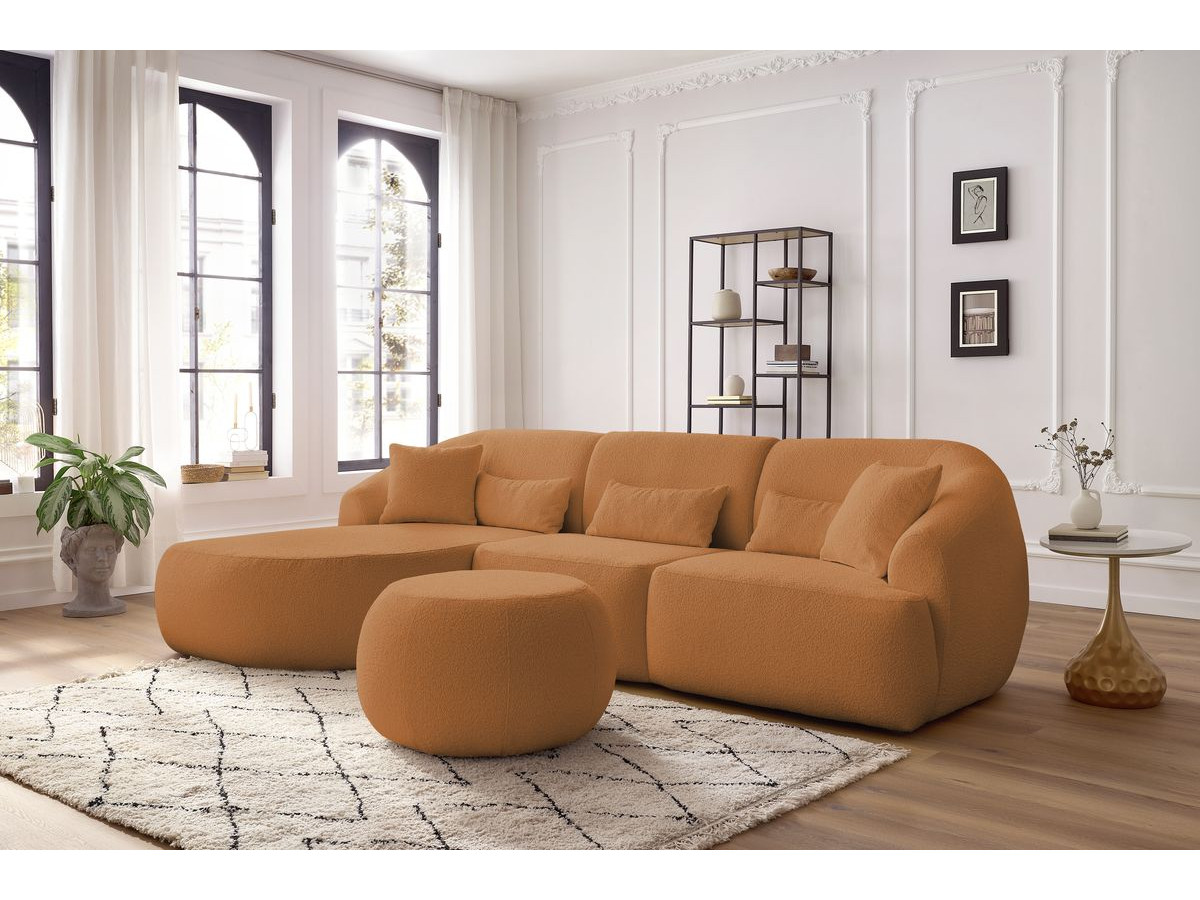 Canapé d'angle fixe ALESIA tissu bouclette avec pouf jaune  angle gauche BOBOCHIC 4 places - Vue supplémentaire 2
